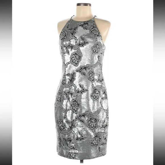 NWT CALVIN KLEIN SILVER SEQUIN FLORAL FITTED HALTER PARTY COCKTAIL MIDI DRESS 14 - Picture 4 of 14